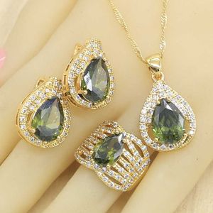 Olive Green Zircone Gold Colory Jewelry Set per le donne orecchini a cerchio Collana Ciondolo anelli regalo gratis scatola regalo H1022