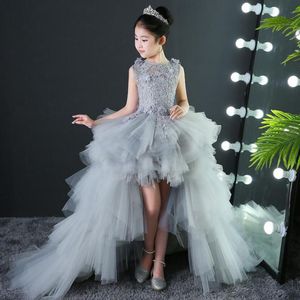 Mädchen Kleider Kinder Mädchen Lange Schleppe Prom Grau Tüll Kleider Applikationen Spitze Kinder Abschlusskleid Teen Hochzeit Brautjungfer Robe