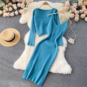 Women Korean Knitted Dresses Sets Casual Loose Short Pullovers+Sleeveless V Neck Sexy Slim Strap Sweater Dress Two Piece Suits