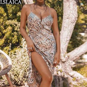 Slip Dress Leopard Drukuj Bez Ramiączek Bandaż Wakacyjny Plaża Kobiety Bez Rękawów Summer Hem Split Sexy Clubwear Moda Robe 210515