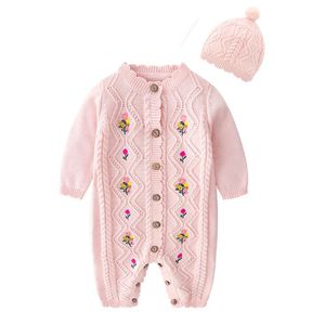 Macacão bordado de tricô para bebês meninas nascidos na primavera outono roupas + chapéu roupas de manga comprida para meninas 210429