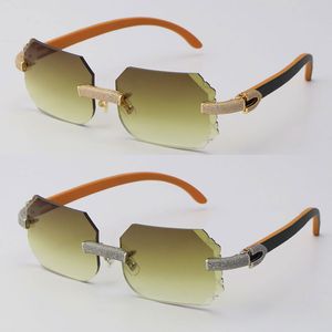New Micro-paved Stones Sunglasses Orange Inside Black Wood Rimless Frame 18k Gold Wooden Sunglasses woman with man Carved UV400 Lens driving glasses Size:58-18-140MM