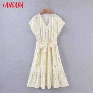 Women Embroidery Romantic Midi Dress Cotton Linen Short Sleeve V Neck Females Dresses Vestidos 8H61 210416