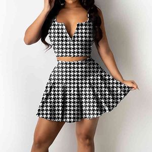 Two Piece Sweet Dress Suits Houndstooth Sleeveless Zipper Up Tank Top & Pleated Mini Skirt Set 210521