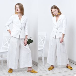 Summer White Linen Girls Wide Pants Suits Women 2 Pieces Long Sleeve Evening Party Prom Blazer Tuxedos (Jacket+Pants)
