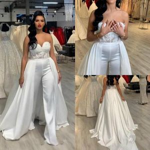 Lace Stain Women Jumpsuit Removable Skirt 2021 Strapless Abiye Bride Wedding Gowns with Pant Suit Deane Lita