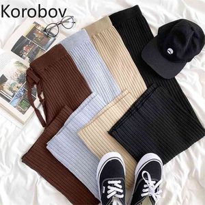 Korobov الكورية المرأة متماسكة السراويل خمر الصلبة نمط preppy الإطارات واسعة الساق السراويل جديد شيك الشارع الشهير عارضة السراويل 210430