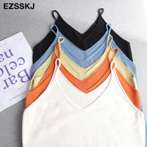 Chic Basic V-Neck Camisole Summer Knit Rem Topp Topp Topp Kvinnor BasicCamis Kvinna Casual Solid Sticka Tank Vest 210616