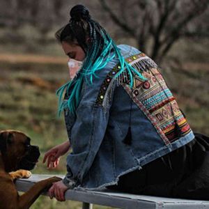 Jastie Bohemian Denim Ceket Vintage Işlemeli Giyim Uzun Kollu Boy Gevşek Kadın Ceket Kaban Kış Dış Ceket Top 210419