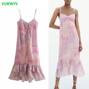 Rosa Paisley Print Slip Ruffle Midi Dress Kvinnor Sommar Vintage Tunna band Backless Party Woman Elastic Vestidos 210430