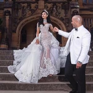 Luxuriöses Brautkleid mit Strass und Kristallen, Stehkragen, Perlenapplikation, lange Ärmel, Meerjungfrau-Brautkleider, Spitze, wunderschönes Dubai-Hochzeitskleid mit Überrock