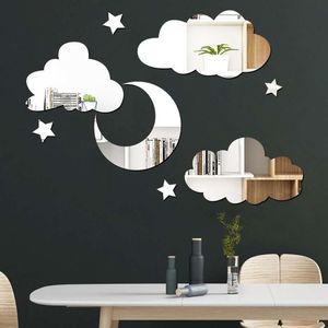 Adesivos de parede 4 pcs nuvem e lua estrelas acrílico espelho telhas adesivo arte decalques auto adesivo adesivo na DIY decoração de casa para sala de crianças