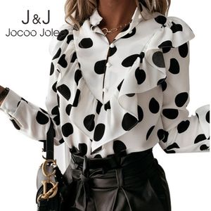 Женщины элегантный леопардовый точка свободная рубашка повседневная длинные рукава оборками блузка офис леди v-образным вырезом кнопки вершины старинные Harajuku Tunic 210518