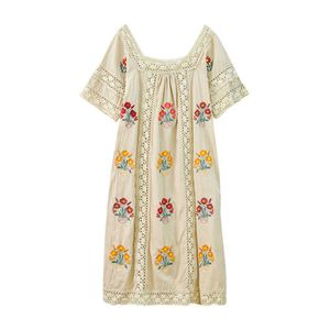 PERHAPS U White Khaki Women Lace Embroidery Loose Dress Slash Neck Short Sleeve Knee Length Vocation Summer Floral D1218 210529