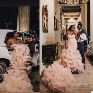 Pink Cascading Ruffles Afican Wedding Gowns 2021 Plus Size Sweetheart Pleats Bridal Dresses Chapel Train Vintage Arabic Vestidos De Novia Boho Formal Sexy AL9222
