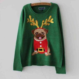 Ugly tröja jultröja kvinnor grön pug hund broderi sequins långärmad pullover stickade jumper toppar m99591 y1118