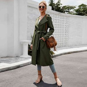 Women's trench Fashion Army green turn down collar long slim coat OL Ladies Long Chic Trench Coats 210524