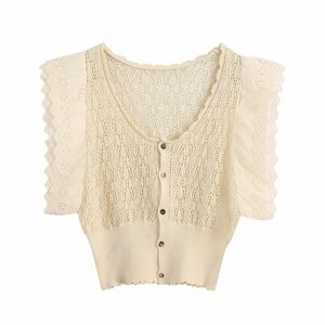 Kvinnor Fashion Hollow Out Lace Broderi Patchwork Stickad Casual Slank Tunn Sweater Ladies Sweet Buttons Tops S257 210420