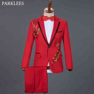 Vermelho Diamante Floral Homens Ternos para Casamento Mens Ternos 3 Peça Blazer + Pant + Bow Laço Moda Tuxedo Homens Terno Conjunto Estágio Fato de Estágio Homme 210524