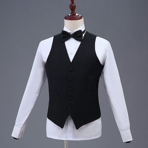 Black Mens Waistcoat Formell Business Work Causal Slim Fit Vest för Män U-Neck Retro Gentlemen Män Passar Vest Solid Bröllop Gilet 210524