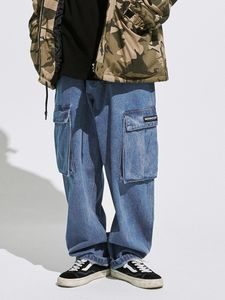 Firmranch Men / Women Multi-Pocket Denim Hip Hop High Street Wide-Ben Overaller Byxor Casual Loose Long With Belt Dad Jeans