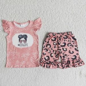 Kleding sets groothandel kinderen boutique zomer outfit roze tie dye kidlife bril shirt ruche luipaard shorts baby meisje baby kinderen set