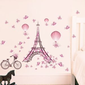 Romantic Eiffel Tower Love Couple Wall Stickers Decals Living Room Decoration Bicycle Flower Hot Air Balloon Wedding Decoration 210420