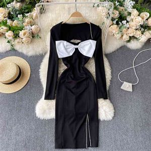 Spring Fashion Women Dress Big Bow Square Collar Long Sleeve Decoration Split Hollow Out Back Sexy Party 210603