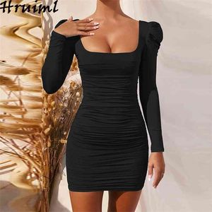 Seksowna sukienka Bodycon Dla Kobiet Jesień Ruched Z Długim Rękawem Square Collar Solid Mini Backless Party Club Vestido 210513