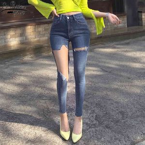 Casual High Waist Blue Strappato Jeans per le donne Summer Skinny Pants Pants Denim Mujer 10405 210508