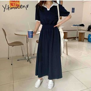 Yitimuceng vestidos para mulheres cintura alta manga curta unicolor azul sundress verão coreano moda estilo formal maxi vestido 210601
