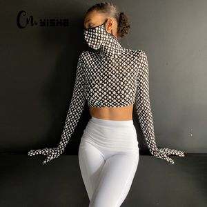 Cnyish Leopard Print Tshirt med handskar Kvinnor Vår Långärmad Turtleneck Hip-hop Crop Tops Basic Streetwear Skinny Tees 210419