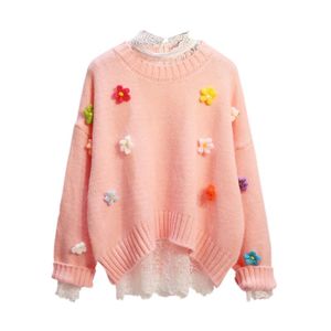 Kvinnors tr￶jor Autumn Winter Pullover Tr￶ja Kvinnor Japanska s￶ta stickade hoppare 2021 Fashion Flowers Decoration Knitwear Coat
