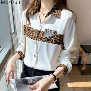 Vår satin leopard tryckta kvinnor blusar skjortor full ärm nedgång krage kontor mode blusas toppar femme 210513
