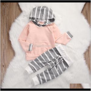 Zestawy Dziecko Kropla Maternity Dostawa 2021 Maluch Born Baby Boy Girl Clothing Długim Rękawem Z Kapturem Tshirt Topy Paski Spodnie 2 sztuk Outfit Dzieci Clothi