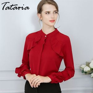 1Office kvinnor ruffle blouses och toppar chiffong långärmad vintage kemise femme skjorta vit topp stor storlek våren 210514