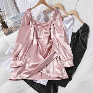 Sexig Square Collar Satin Mini Party Dress Kvinnor Elegant Långärmad Hög midja Oregelbunden Rosa / Svart / Vit Vestidos Vår Höst Y0603