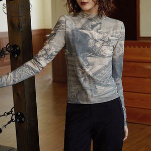 Renaissance Print Vintage Top Turtleneck Длинный рукав Блузка Женщины Высокие Эластичные Дамы Топы Одежда Спандекс BodyCon 13147 210508