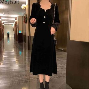 Black Velvet Party Dress Women Full Sleeve V-neck Buttons Dresses Elegant Vintage Female Vestidos Femme M-4xl Plus Size 210513