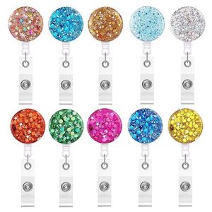 Office Supplies 10 Colors Badge Reel Sequin round easy pull buckle ID Badges Holder rotary alligator clip Badges-scroll T9I001819