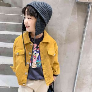 秋冬男の子のファッションアニマルプリントコーデュロイジャケット韓国風2色シングルブレストソフトコート210508
