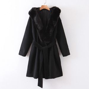 Wełna damska Wełna Vintage Chic Kapturem Kurtki Kobiety Moda Oversized Fur Collar Coats Eleganckie Panie Sashes Design Outerwear