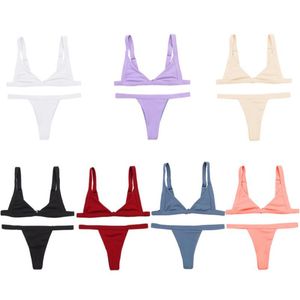 Mulheres Swimwear Sexy Feminino Swimsuit Solid Biquinis Set Low Cintura Moda No Bra Elastic Stretchy Bathing Terno Mulheres Fio Livre