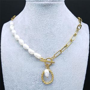 Pendant Necklaces 2021 Round Stainless Steel Freshwater Pearls Necklace Women Gold Color Chain Jewelry Collier Femme NXS01