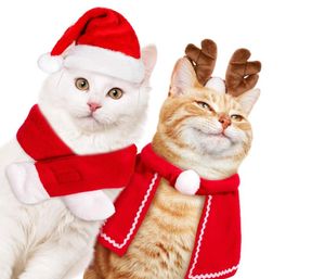 Pet Christmas Costume Outfit Set Dog Apparel Puppy Kitten Santa Hat Scarf Cloak Cat Party Holiday theme Cosplay Supplies Red