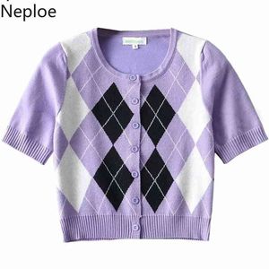 Neploe Plaid Beskuren Cardigan Grafisk Sommar Kvinna Tshirts Koreanska Högt midja T-shirts Fashion Ladies Crop Tops 210422