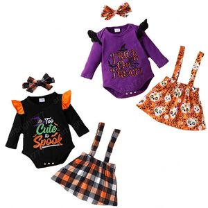 キッズ服セット女の子ハロウィーン服幼児幼児レタープリント飛行スリーブトップス+格子縞スカルストラップドレス+弓3個/セット春秋の赤ん坊の服