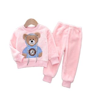 Kinder Pyjamas Set Herbst Kinder Baby Junge Mädchen Kleidung Winter Flanell Cartoon Bär Korallen Fleece Verdicken Warmes Zuhause 211130