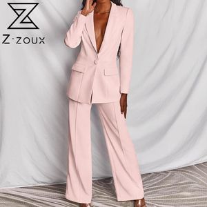 Kvinnor Set Blazer Byxor Rosa Gul Vintage Casual Suit Coats High Waist Wide Leg Plus Storlek S 210524
