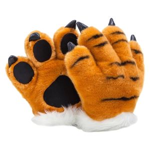 Five Fingers Gloves Simulation Tiger Plush Striped Fluffy Animal Stuffed Toys Padded Hand Warmer Halloween Cosplay Costume Mitten